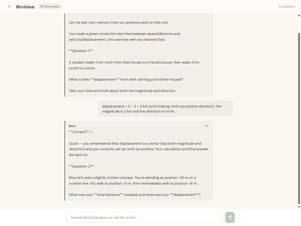 Root revision mode quizzing on displacement vs distance, with a correct answer and a follow-up question